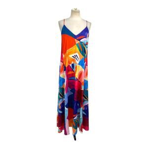Nicole Miller V Neck Printed Satin Maxi Dress Size Medium